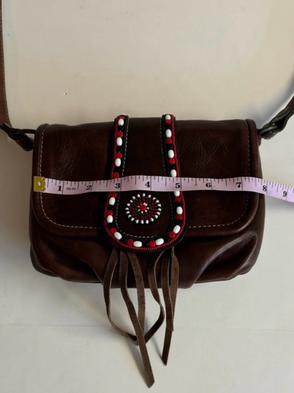 Pikolinos Boho Beaded Brown Leather Crossbody With Red/White/Black Beading